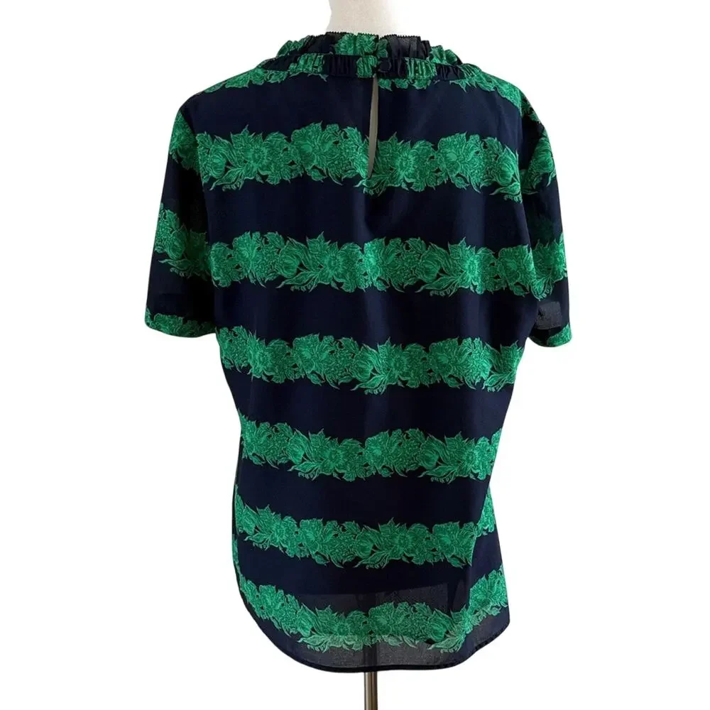 J.Crew Factory Navy Green Floral Stripe Ruffle Neck Blouse Size 12